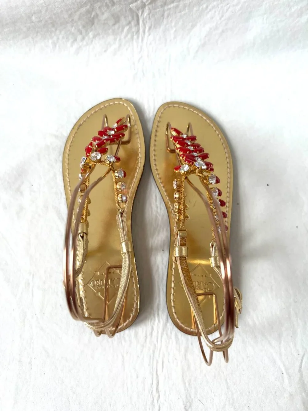 Emanuela Caruso Capri sandals 37 6.5 gold leather bejeweled red rhinestone thong